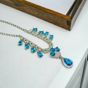 Aqua Blue & Clear Crystal Statement Necklace NIB